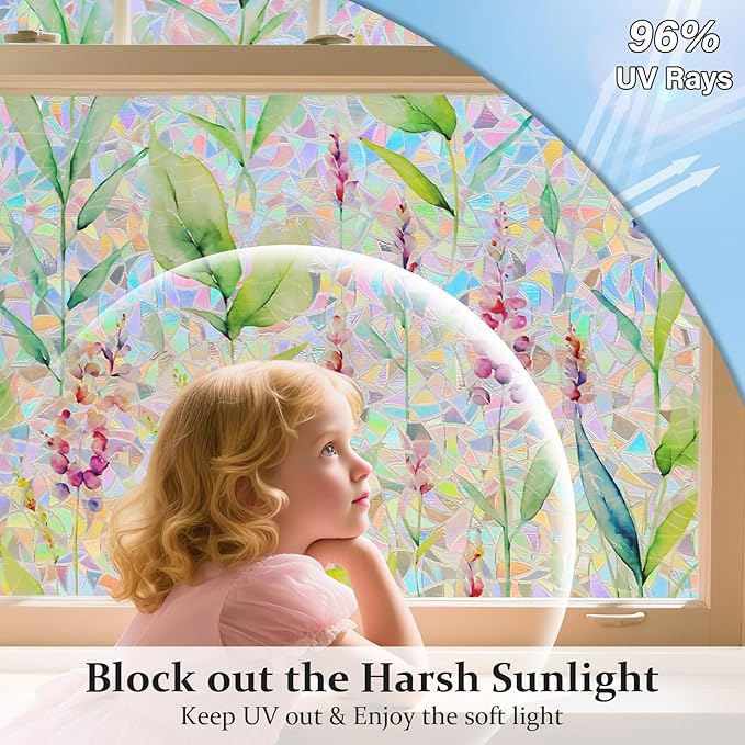 Donox Decorative Window Privacy Film, 3D Floral Stained Glass Window Film Static Cling Rainbow Privacy Sticker for Glass Door Heat Control Anti UV, No Adhesive (Gladiolus,23.6 x 157.4 inches)