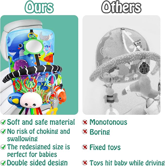 Baby Car Seat Ocean Animals Toys - Kick and Play Double Sided Infant Car Seat Toys with Plush Toys, Mirror, Teether for Baby Travel Activities, Christmas Birthday Gifts Newborn Infant Toy