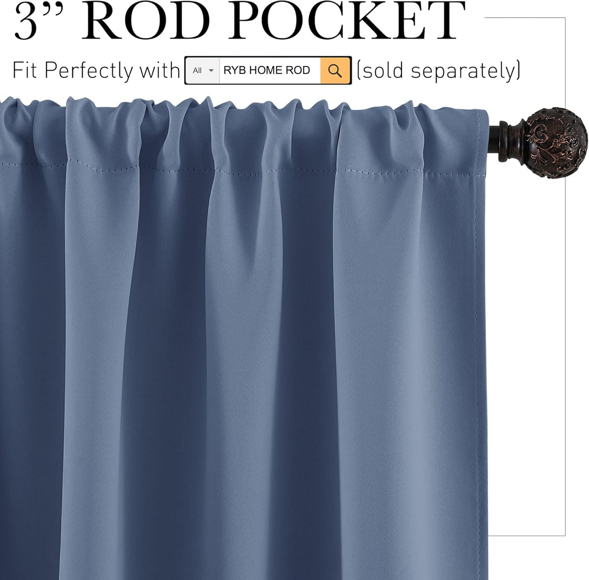 RYB HOME Short Kitchen Curtains, Room Darkening Drapes Thermal Insulated Small Window Coverings Full Privacy Protection for Bedroom Bathroom Dining Room, Stone Blue, W42 x L45 inch, 2 Panels