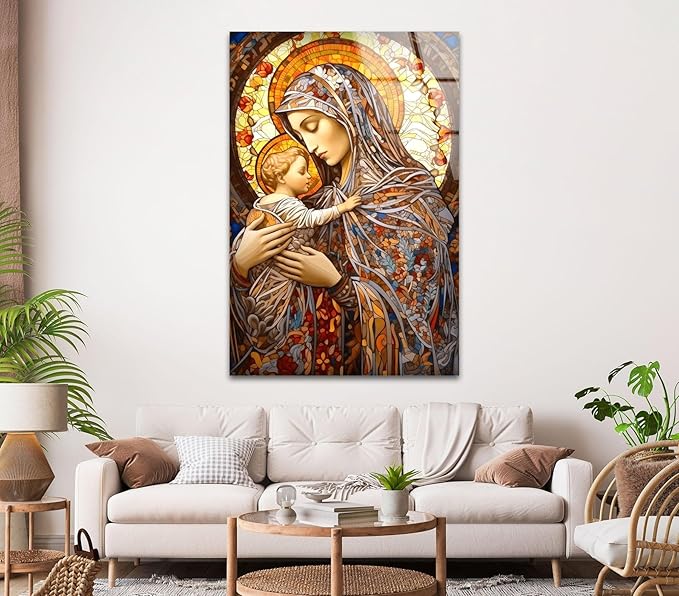 My Photostation.com Round 24'' Jesus and Virgin Mary Glass Wall Art Tempered Glass Printing Wall Decor Large Wall Art Wall Hangings