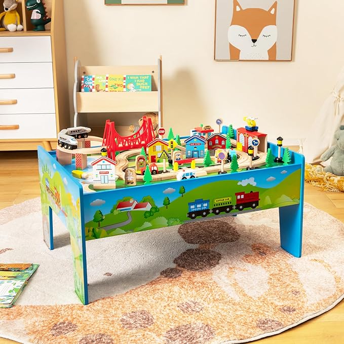 GLACER 80-Piece Train Table, Large Multipurpose Wooden Toy Activity Table Playset with Reversible Detachable Tabletop, Railway Tracks, Trains, Cars, DIY Design, Gift for Boys Girls Age 3+, Multi-Color