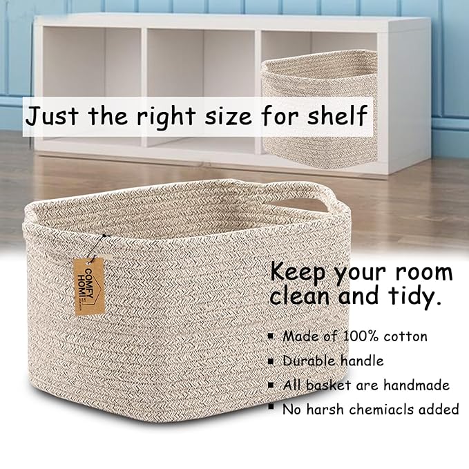 COMFY-HOMI 3PACK Cotton Rope Woven Basket With Handles for Shelves, Toy, Book, Cloth Storage Basket for Organizing|13.5" x 11" x 9.5" Decorative Nursery Cube Bin for Living Room（all brown）