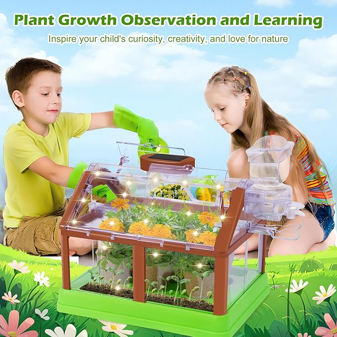 Kids Gardening Plant Growing Kit-Kid Plant Growing Greenhouse Set with Upgraded Irrigation & Light-Perfect Garden Plant for Boys and Girls