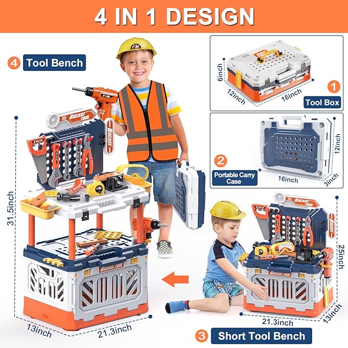 Kids Tool Bench - Toy Workbench with Storage Box,4 in 1 Kids Tool Set with Electric Drill Toy Tool Accessories 90pcs Pretend Play Construction Toy Educational Gift for Kids 3-5,4-8