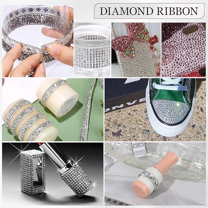 Rhinestone Ribbon 3 Yards Self Adhesive Rhinestone Strips Diamond Ribbon Sticker Crystal Roll Glitter Bling Rhinestones Tape for Crafting DIY Art Decoration (Clear,0.4 Inch)