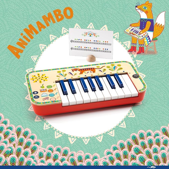 DJECO - Animambo Electric Piano 18 Keys - Playing Music for Children - Enhances Motor Skills - Develops Coordination, Dexterity, and Rhythm - Fosters Creativity, Adorable Design - Kids Ages 3+