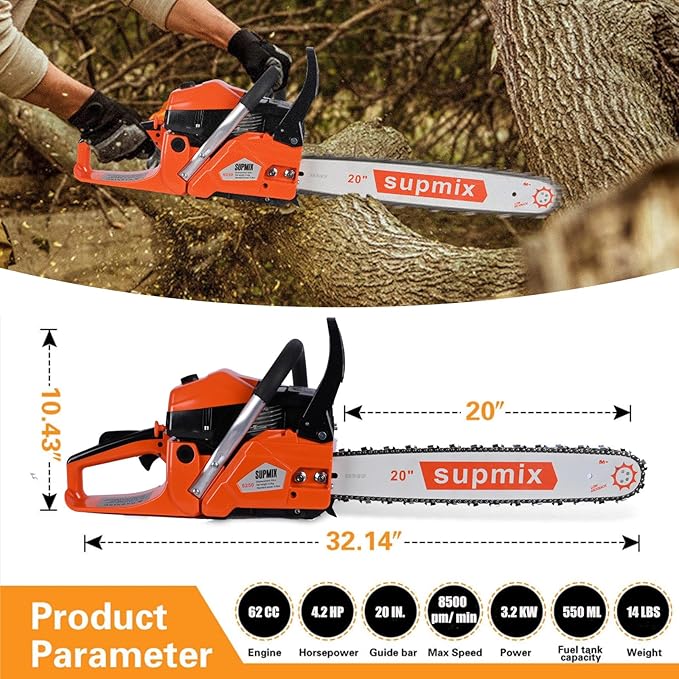 62cc Gas Chainsaw 20 Inch Gas Powered Chainsaws 2-Cycle Petrol Handheld Gasoline Chain Saw Power Saws for Cutting Wood Tree Trimming