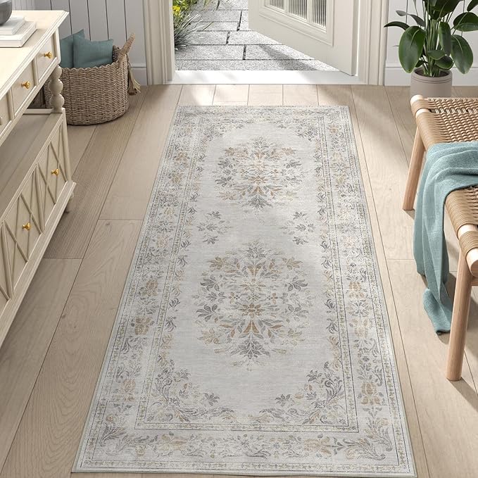 jinchan Vintage Floral Runner Rug 2x5 - Machine Washable Distressed Design Non-Slip Low-Pile Soft Thin Carpet for Hallway Kitchen Farmhouse Bedroom Entryway Laundry Room (2x5ft,Light Grey)