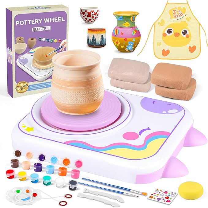 Pottery Wheel for Kids，Art Supplies Arts & Crafts Kit, Crafts Toys for Girls 8-12, Pottery Studio Craft Kit with 4 Pack Air-Dry Clay,Girls Toys Birthday Christmas Gift for Kids Ages 6 7 8 9 10 11 12+
