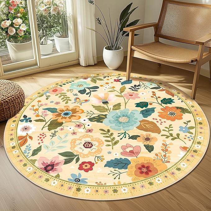 Floral 6ft Area Rug Machine Washable Soft Print Boho Carpet Non Slip Doormat Low Pile Flower Area Rugs for Living Room Bedroom Nursery Kitchen Dining Room Indoor-Ivory/Yellow