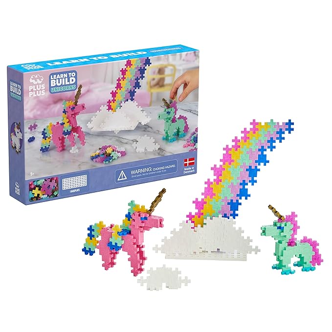 PLUS PLUS Learn to Build Set, Interlocking Mini Building Blocks, 3D Puzzle Construction Stem Toy for Kids - Unicorns, 275 Pieces
