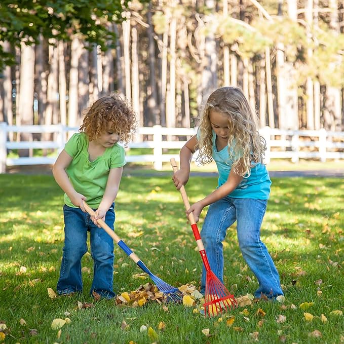2Pcs Kids Rake Garden Tool Set Toy,Child Size Lawn Small Rakes and Garden for Leaves,Wooden Gardening Toy Rakes with Detachable Handles Outdoor Toys Gift for Boys and Girls