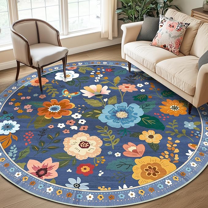 Floral 8ft Area Rug Machine Washable Soft Print Boho Carpet Non Slip Doormat Low Pile Flower Area Rugs for Living Room Bedroom Nursery Kitchen Dining Room Indoor-Blue/Grey