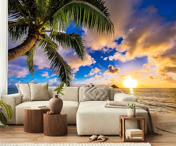 Sunset Seascape Wallpaper Palm Tree Beach Wall Mural for Living Room Bedroom Dining Room Basement(Not Self-Adhesive)