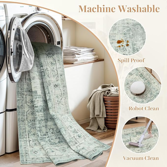LIVEBOX Washable Rug 2x3 Kitchen Mats for Floor Entryway, Non Slip Front Door Mat for Bathroom Hallway, Boho Low-Pile Small Carpet Farmhouse Throw Indoor Rugs for Bath Sink, Sage Green