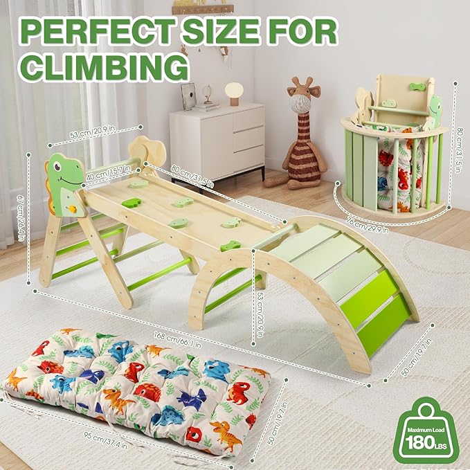 Pikler Triangle Set with Cushion, 7 in 1 Toddler Climbing Toys Indoor, Montessori Foldable Set, Wooden Climbing Toys for Toddlers Inside with Ramp, Arch and Ladder (Dinosaur)