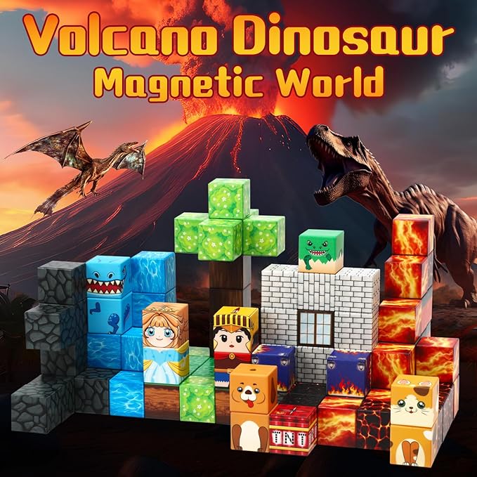 Dinosaur Magnetic Blocks,Dino Volcano World Magnet Building Toys, Sensory Montessori Toys for STEM Learning, Toddler Gift for Boys & Girls Age 3-4 4-5 6-8