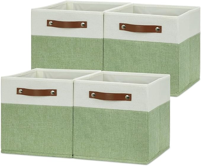 HNZIGE Fabric 11x11 Cube Storage Bins, Set of 4, Foldable Storage Cube Bin Baskets for Shelves with Handles, Bins for Cube Organizer Home Toy Nursery Closet(Green White)
