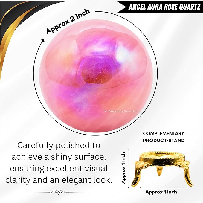 Amazing Gemstone Angel Aura Rose Quartz Crystal Ball with Stand - 2" Inches Crystal Sphere Meditation Balls for Witchcraft and Decorative Balls