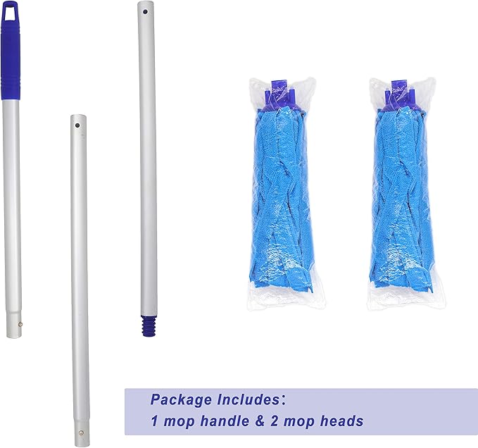 Mop, One Pole with Two Blue Microfiber Cloth Heads (1 Handle & 2 Mop Heads)