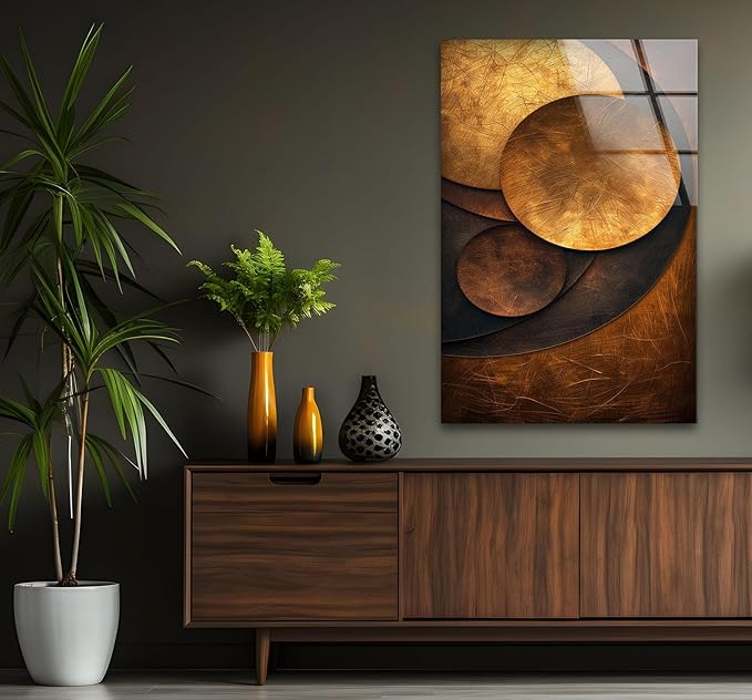 My Photostation.com Round 24'' Bronze Art Deco Geometric Motifs Glass Wall Art Tempered Glass Printing Wall Decor Large Wall Art Wall Hangings