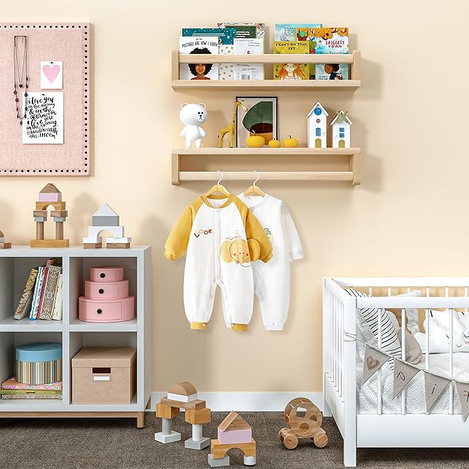 Heimlove Nursery Floating Shelves, Wood Nursery Book Shelves for Wall, 16 inch Wall Bookshelf for Kids Solid Wood Wall Mounted Shelves for Books,Toys and Decor Storage, Set of 2