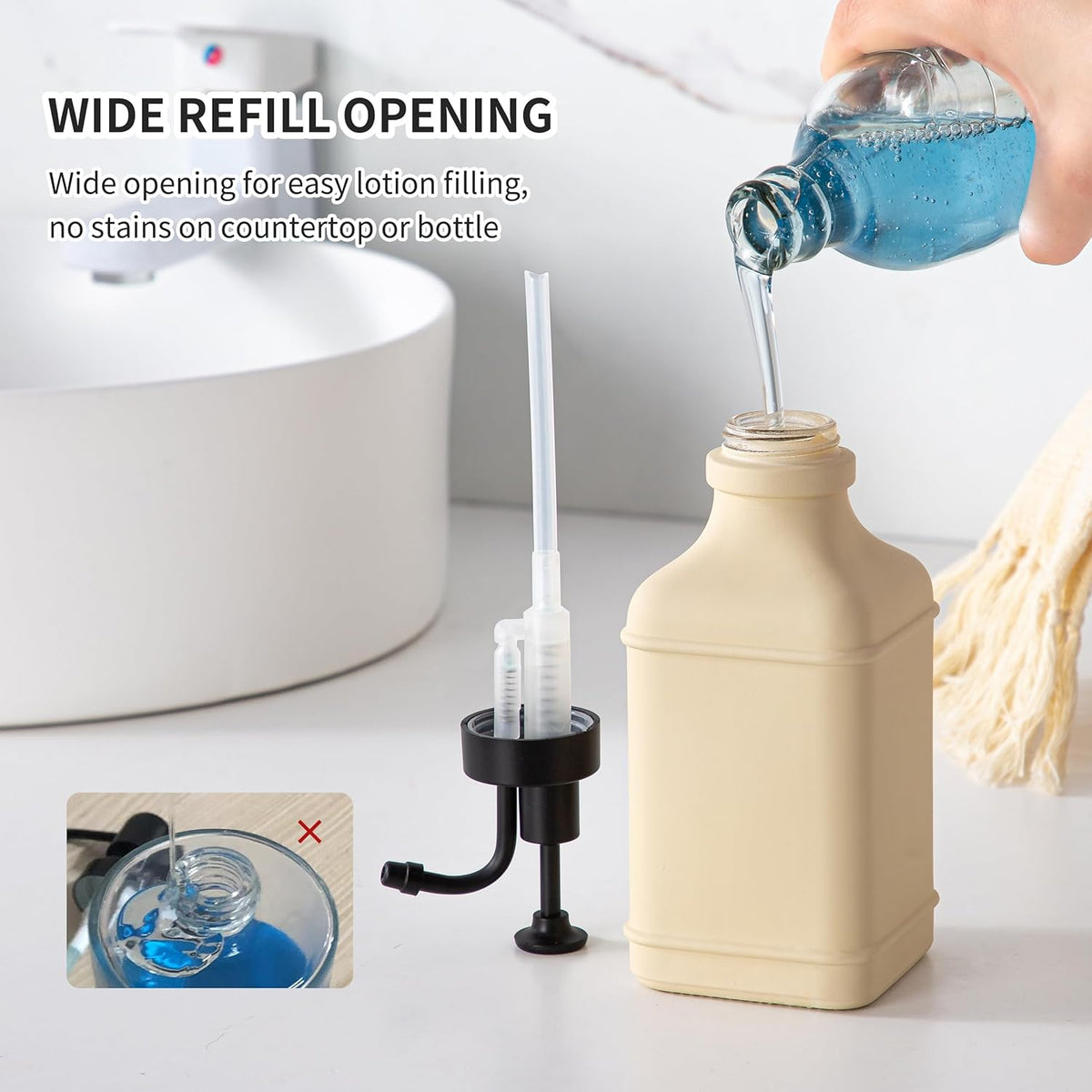 Enra Glass Soap Dispenser with Clear Window,12oz Matte Stainless Steel Hand Pump Dispenser,Hand and Liquid Soap Dispenser Rust Proof Countertop Lotion Bottle (Beige-Square-Liquid)