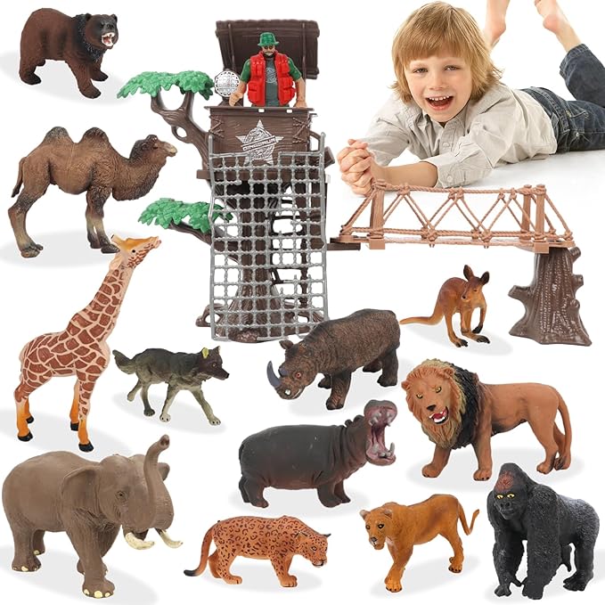 Peagrav Safari Animal Playset - Realistic Figurines, Wild Ranger, Adventure Station, African Jungle Animals for Kids
