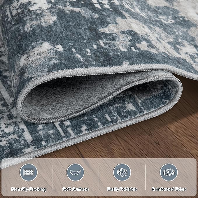 5x7 Area Rugs for Living Room Rug Washable: Modern Rug for Dining Room Bedroom Carpet Non Slip Low Pile 5 by 7 Indoor Abstract Nursery Home Office Blue Grey