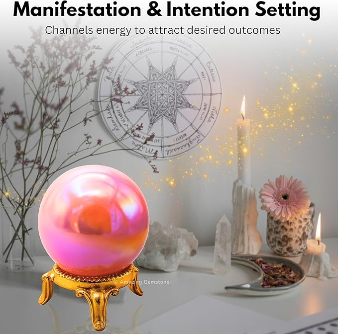 Amazing Gemstone Angel Aura Rose Quartz Crystal Ball with Stand - 2" Inches Crystal Sphere Meditation Balls for Witchcraft and Decorative Balls