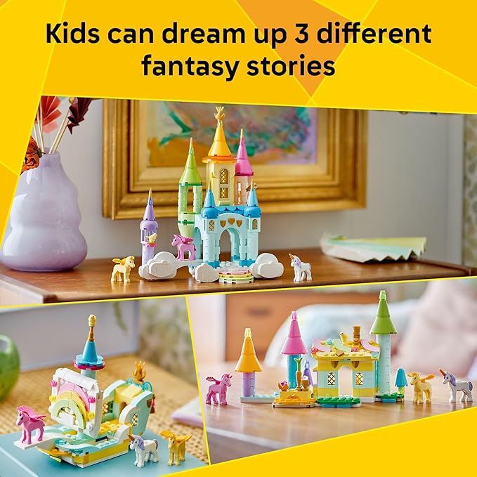 LEGO Creator 3 in 1 Unicorn Castle Building Toy for Kids - Unicorn Toy Trio for Girls & Boys, Ages 8+ - Build 3 Pretend Play Toys with 1 Set of Building Blocks - Gift Idea for Birthdays - 31175