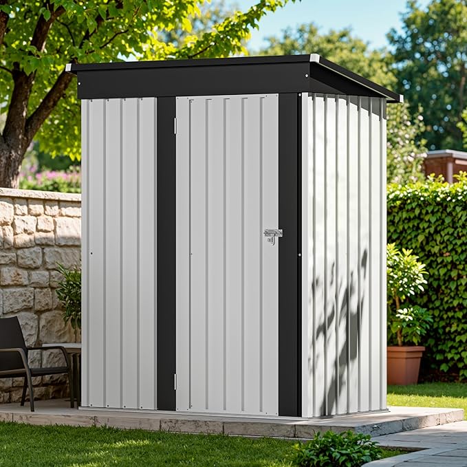 Devoko Outdoor Storage Shed 5 x 3 FT Lockable Metal Garden Shed Steel Anti-Corrosion Storage House with Single Lockable Door for Backyard Outdoor Patio (White)