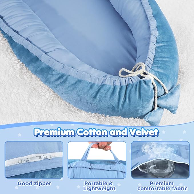Baby Lounger - Baby Lounger for Newborn 0-24 Months, Breathable & Soft Cotton and Velvet Cover Baby Nest, Portable Tummy Time Lounger for Home and Travel, Ideal Baby Essentials & Shower Gifts