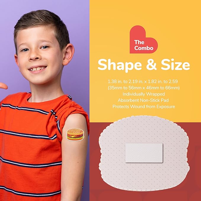BioSwiss Bandages, Combo Meal Shaped Self Adhesive Bandage, Latex Free Sterile Wound Care, Fun First Aid Kit Supplies for Kids, 50 Count