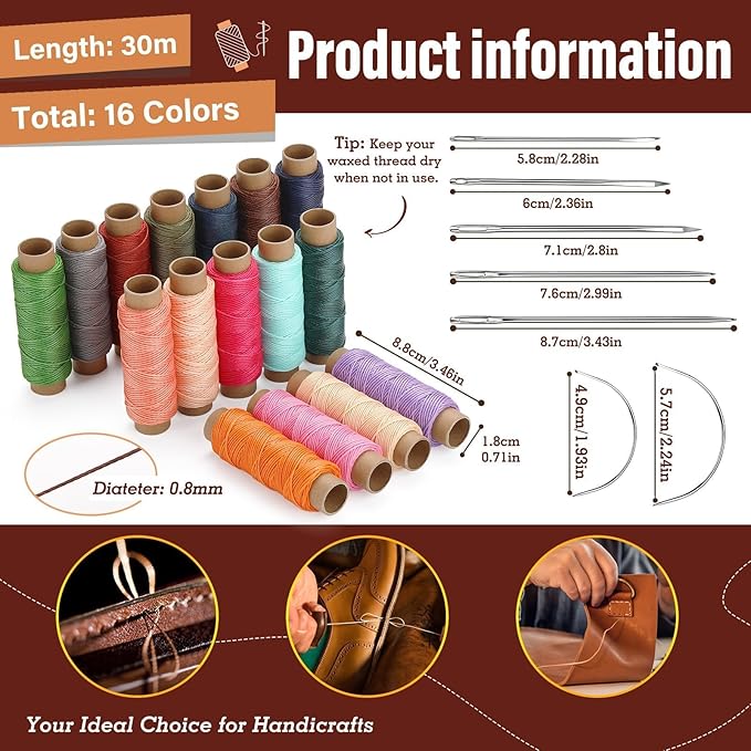 0.8 mm Leather Sewing Thread, 16 Colors 32 Yards Waxed Thread, Round Waxed Thread,Wax String for Bracelet Making, Sewing Stitching, Bookbinding, Braiding, Beading