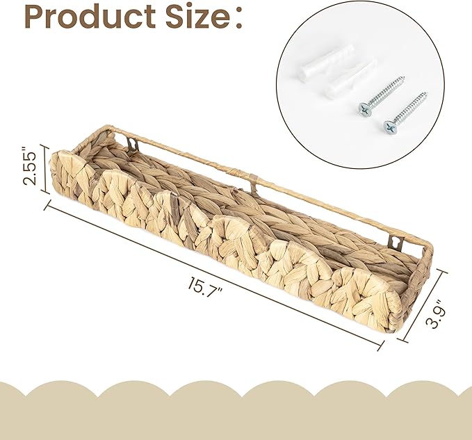 AELS Scalloped Nursery Bookshelf, Set of 4, Picture Ledge Shelf for Wall Decor, Woven Natural Water Hyacinth Floating Shelves for Books, Toys, Photo Frames, Nursery, Boho Modern Farmhouse Book Shelf