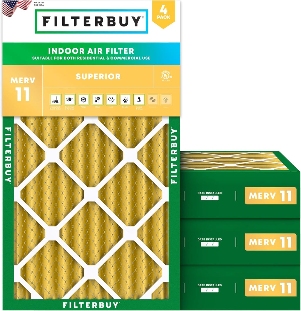 Filterbuy 14x25x4 Air Filter MERV 11 (MPR 1200) Allergen Defense Replacement (4-Pack), Electrostatic Pleated HVAC AC Furnace Filters, Made in USA (Actual Size: 13.88 x 24.88 x 3.63)