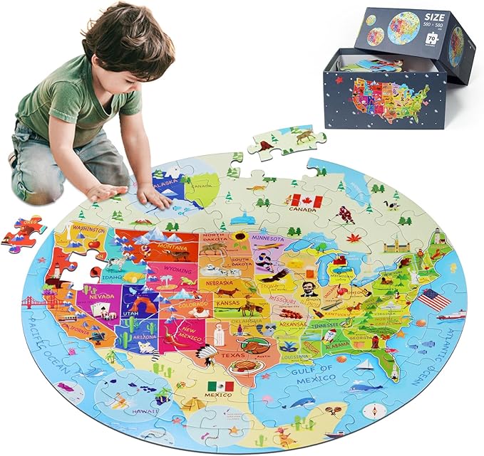 United States Puzzle 70 Pieces USA Map Floor Jigsaw Puzzles for Kids Ages 4-10, Jumbo Round US Geography Puzzle 50 States with Capitals Educational Learning Toys for Boy or Girl