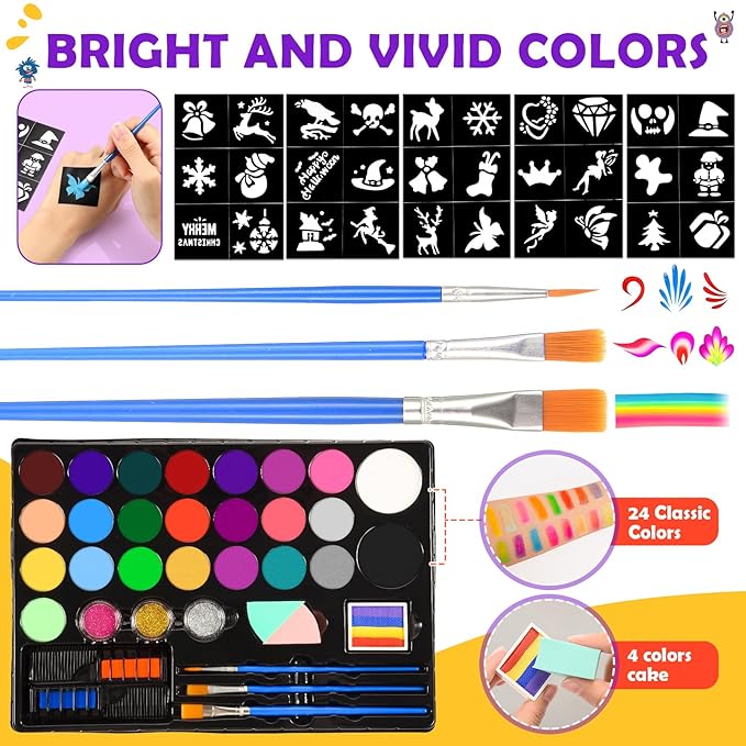 Face Painting Kit for Kids, 24 Colors Water Based Non-Toxic Face Paint with Stencils & Brushes, Professional Body Makeup Set for Halloween, Birthday, Parties with Guide Book Art and Craft Art Supplies