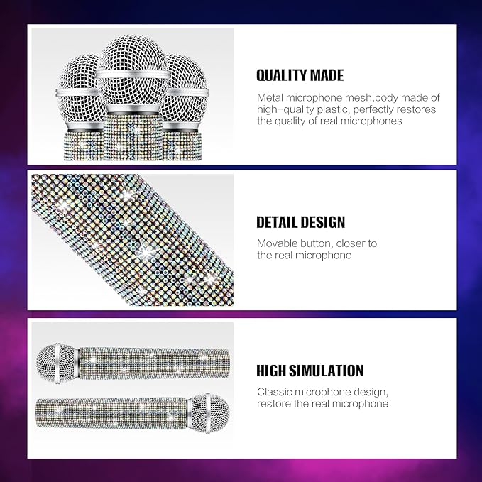 Sanwuta Fake Microphone Prop Sparkly Bling Rhinestones Plastic Play Microphone Pretend Glitter Bedazzled Mic for Cosplay Party Costume(AB Color)