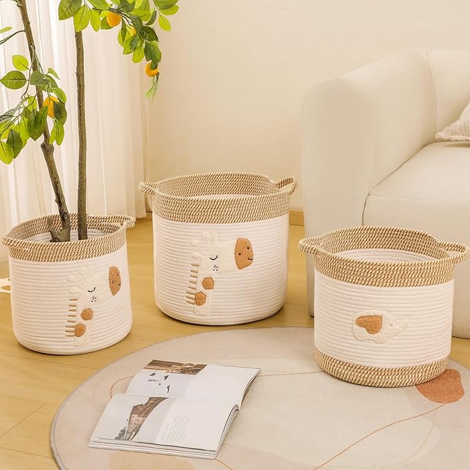 Large Blanket Baskets for Living Room Decor, Toy Storage Baskets Woven Cotton Rope Storage Basket for Kids, Dog Toys Organizer Clothes Hamper with Embroidery Decor for NurseryLaundry (Large, Giraffe)