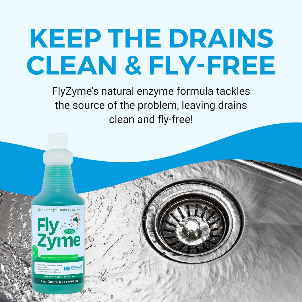 Kinzua Environmental Fly-Zyme, Highly Concentrated Enzyme Drain Cleaner for Pipes, Drain Gel for Fruit Flies, Organic Waste Degrader & Odor Neutralizer, 32 fl oz