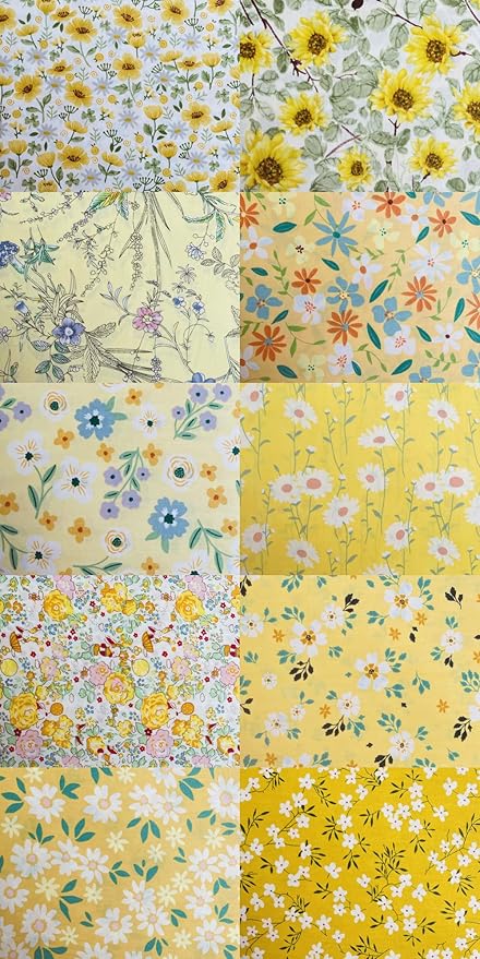 HANPATQUI 50PCS 10 x 10 inch Yellow Printed 100% Cotton Fat Quarters Fabric for Sewing and Quilting Bundles Precut Fabric Square for DIY Craft Patchwork