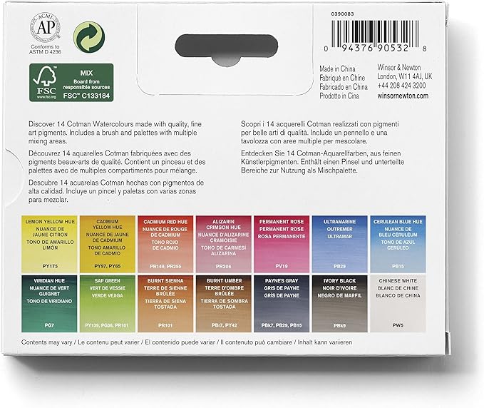 Winsor & Newton Cotman Watercolor Paint Set, Field Set, 14 Half Pan w/ Brush, Mixing Palette