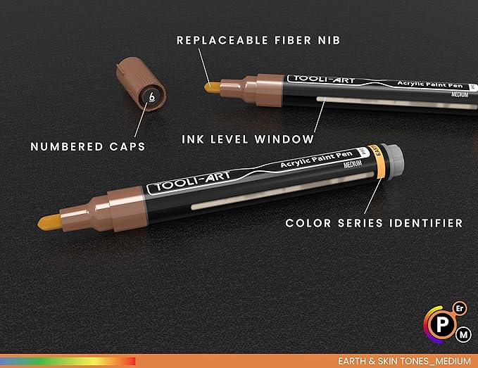 36 Acrylic Paint Pens Skin and Natural Earth Tone Marker Set For Rock Painting, Canvas, Mugs, Glass, Plastic, Wood, Metal, Fabric, Scrapbooking, Most Surfaces. Quick Drying Waterbased (MEDIUM)