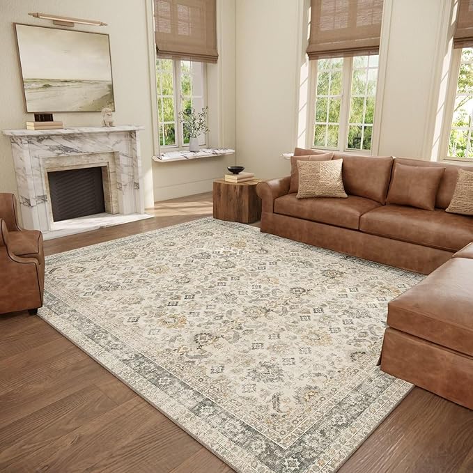 Washable 8x10 Area Rugs for Living Room, Boho Non-Slip Silicone Backing Rugs for Bedroom Dining Room Nursery Office, 0.3" Neutral Oriental Throw Carpet with 0.16" Cushioning Pad, Grey/Multi