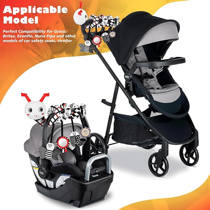Car Seat Toys for Babies, 0-6 Months Stroller Activity Black White Baby Spiral Plush Toys Newborn High Contrast Sensory Carseat Toys with 4 Pendants Hanging Boys Girls Gift