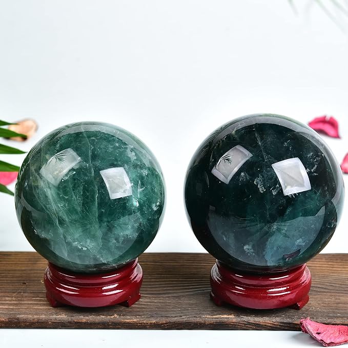 JIC Gem Big Green Quartz Crystal Ball Green Fluorite Healing Gemstone Sphere with Decorative Wooden Stand for Meditation,Home Decoration (80-90mm)