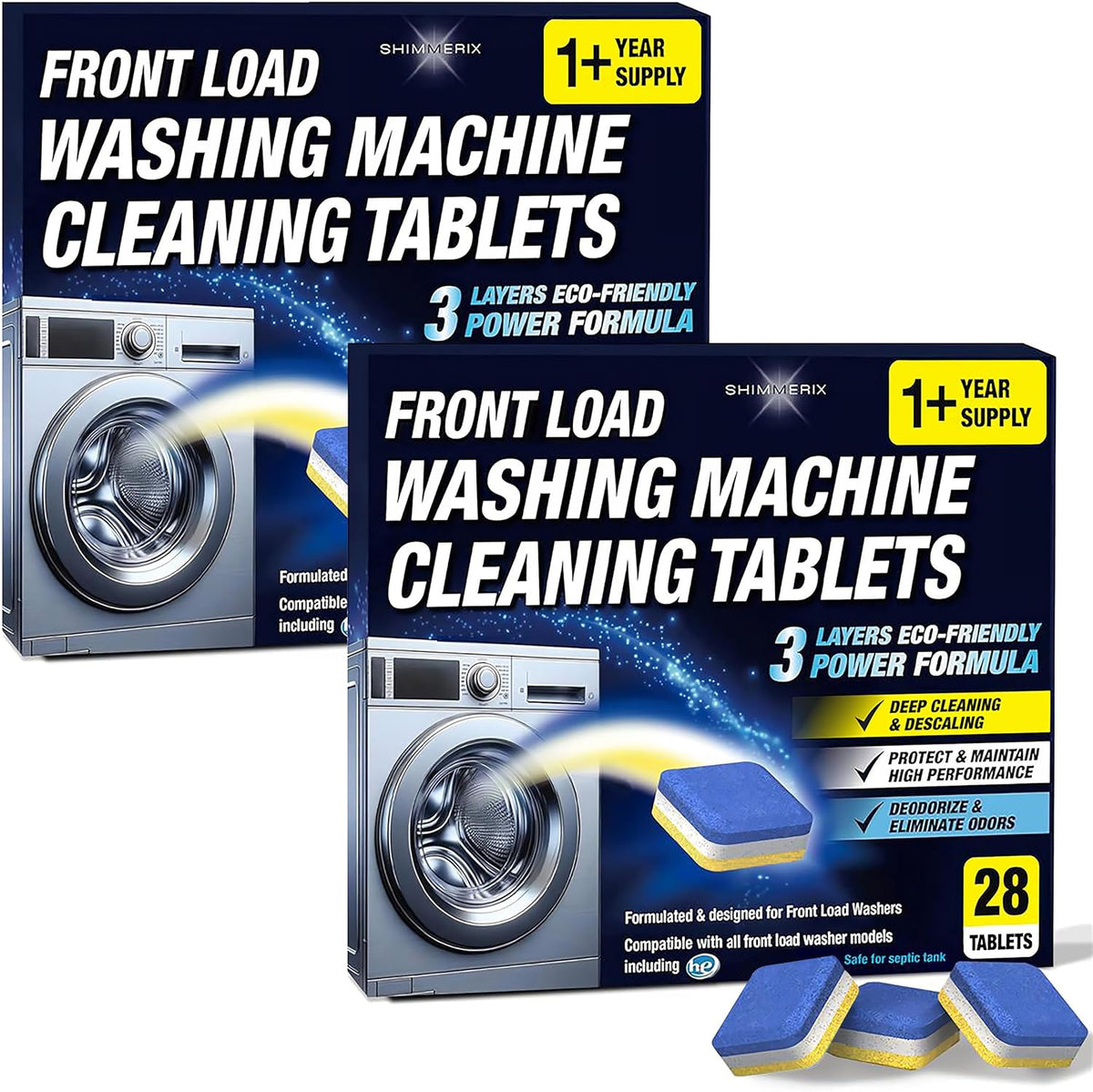 Washing Machine Cleaner Tablets 56 Pack for HE Front Loader - Eco Friendly Washer Machine Cleaning Tablets - 3 Layers Septic Safe Wash Machine Full Deodorizer Descaler Protector - 2 Plus Year Supply