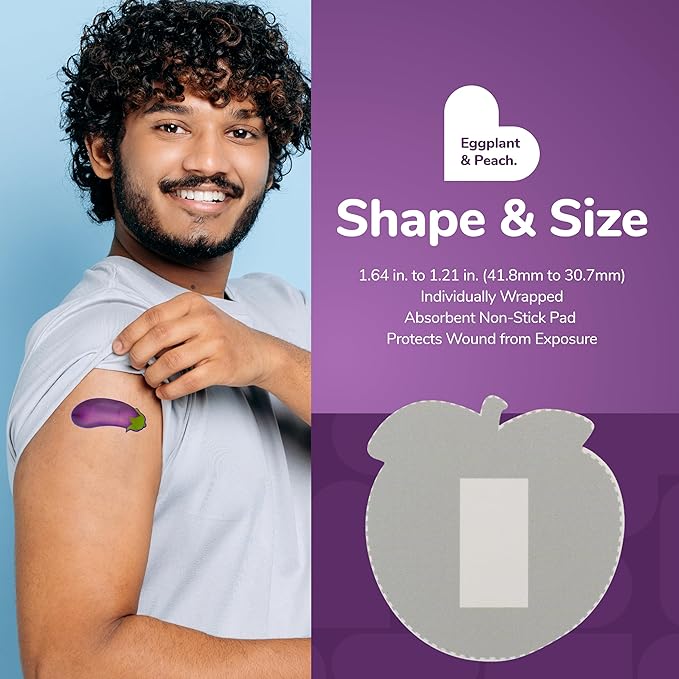 BioSwiss Bandages, Eggplant and Peach Shaped Adult Self Adhesive Bandage, Latex Free Sterile Wound Care, Funny First Aid Kit Supplies for Adults, 24 Count
